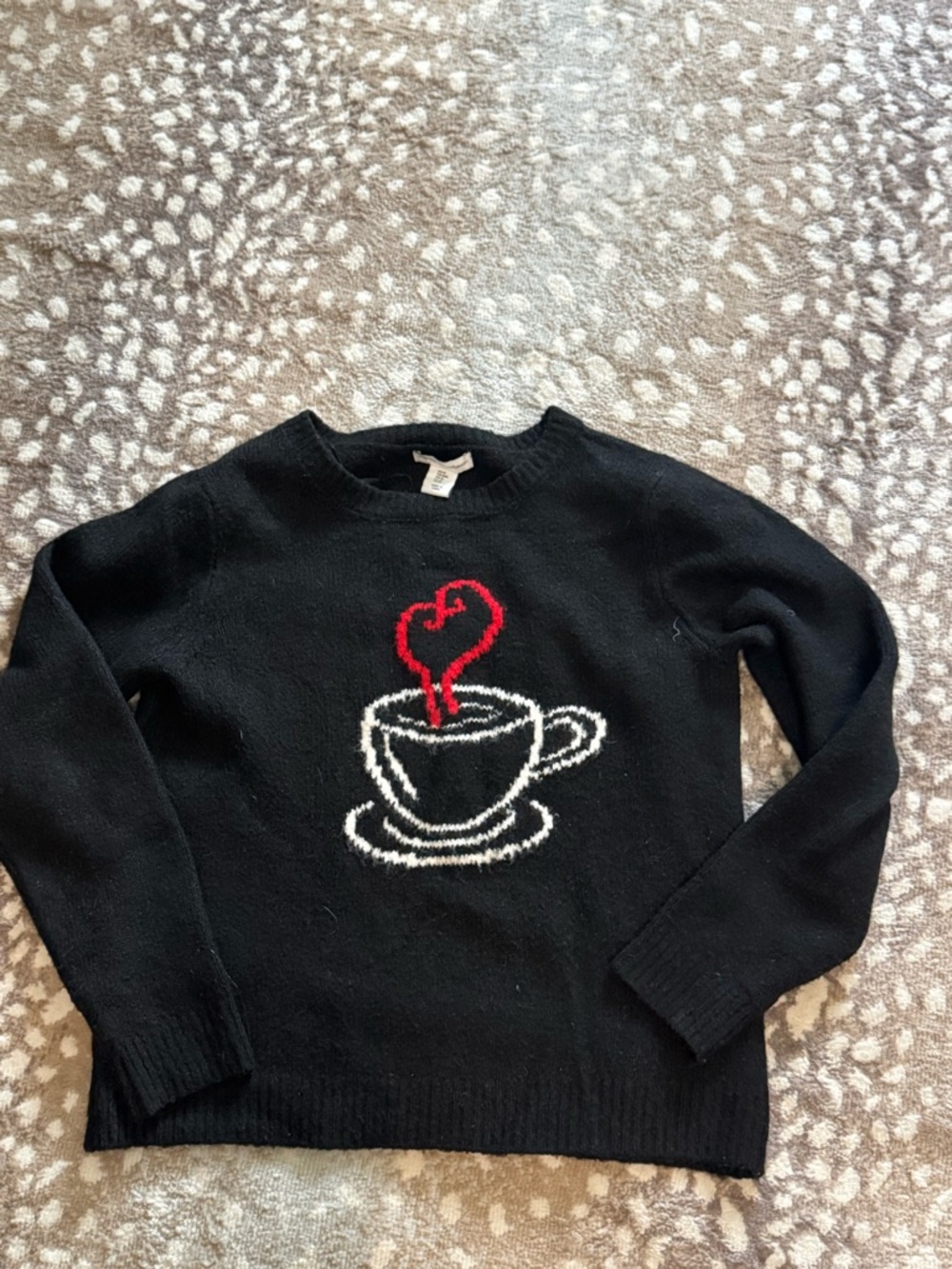 Black Crewneck Sweater with Red Heart Coffee Cup Graphic - Womens